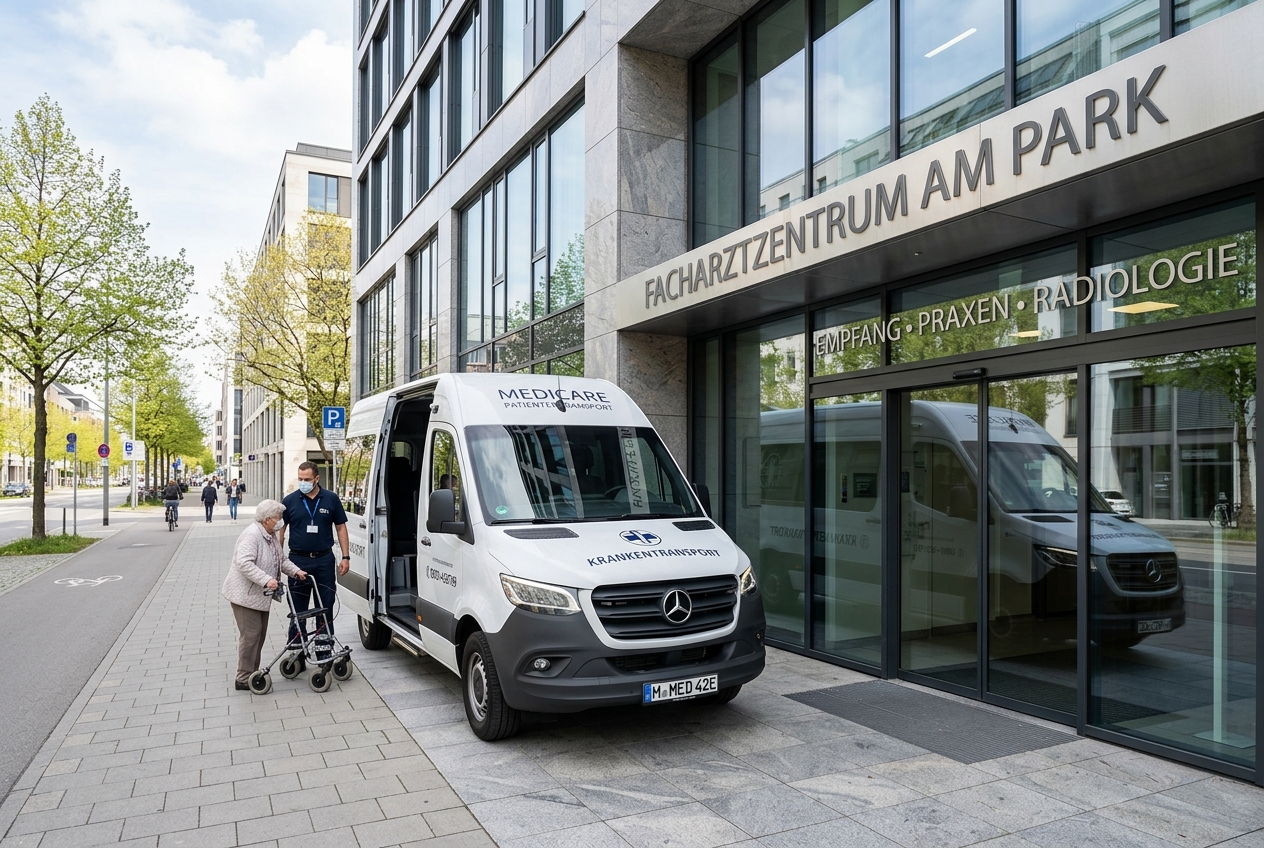 Arzt- und Praxisfahrten Düsseldorf vor modernem Facharztzentrum