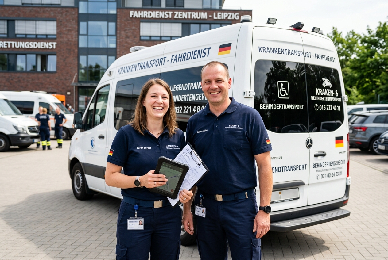 Kompass Mobil Fahrer-Team vor Krankentransport-Fahrzeug